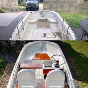 Before & after of our latest 1979 Boston Whaler 15’ Striper. Catch her cruising