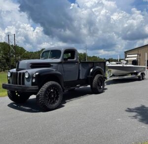 @drew.benefield hard to get more unique than this. 1947 Ford towing Drew’s custom Action Craft
